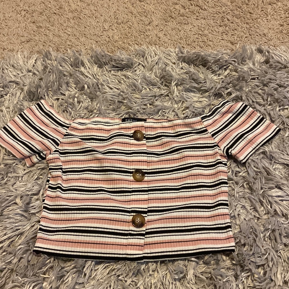 Pink Striped Buttoned Off The Shoulder Crop Top